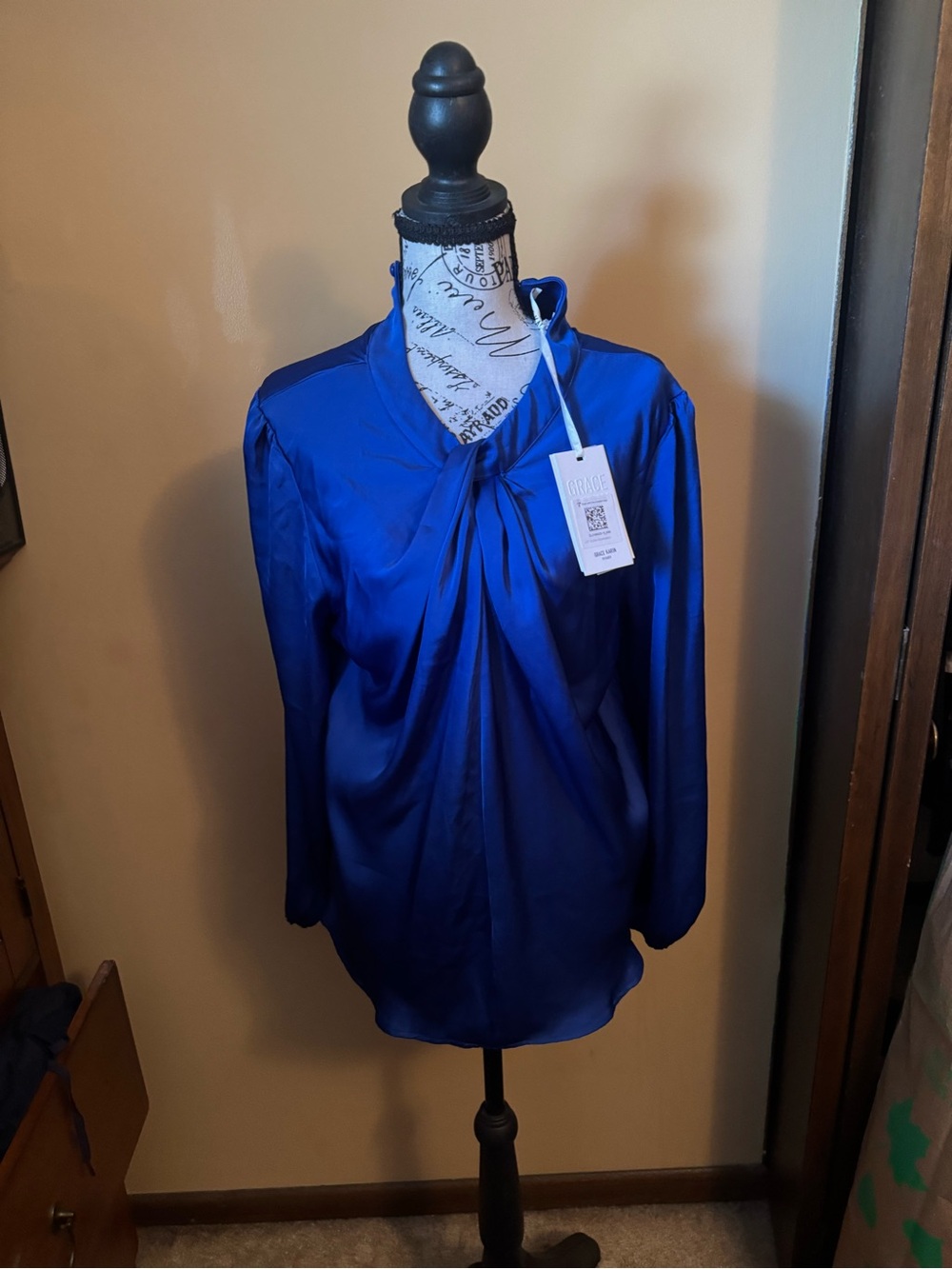 Grace Elements Royal Blue Satin Tie-Neck Blouse